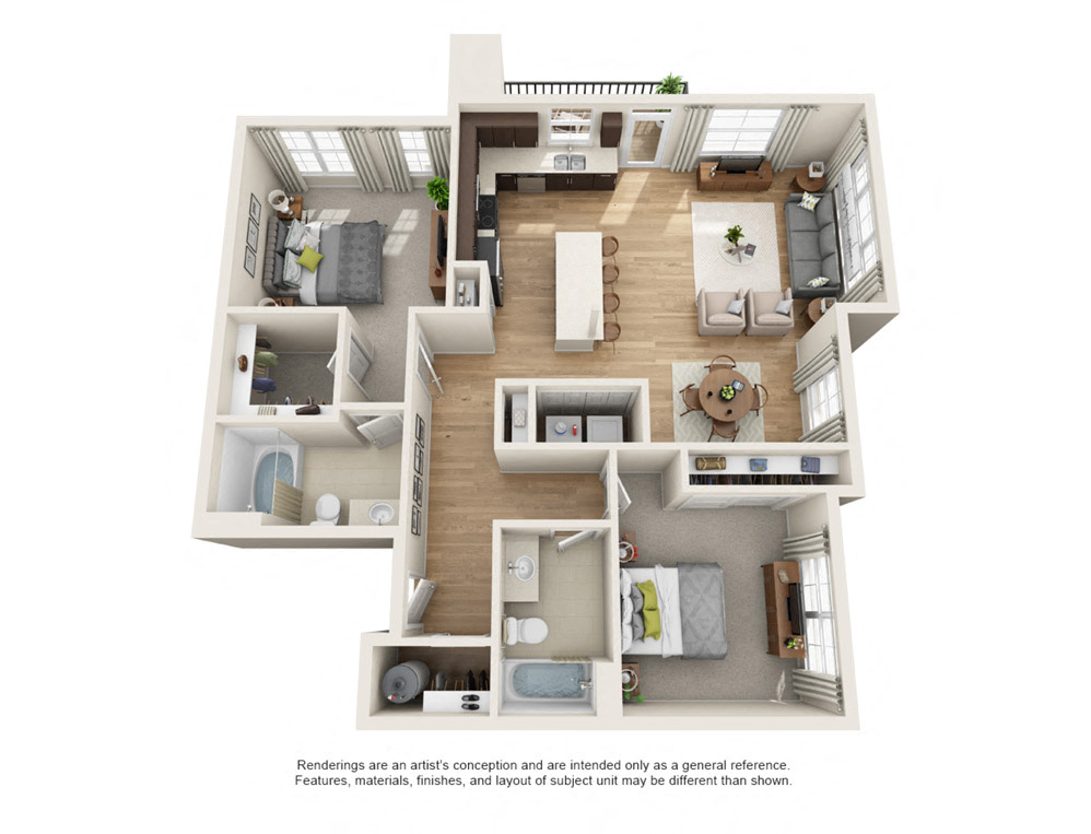 Floor plan for 2 beds, 2 baths, 1255 sqft